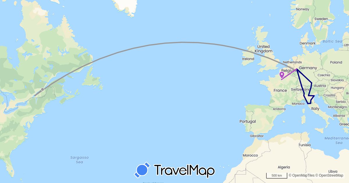 TravelMap itinerary: driving, plane, train in Austria, Canada, Switzerland, Germany, France, Italy (Europe, North America)